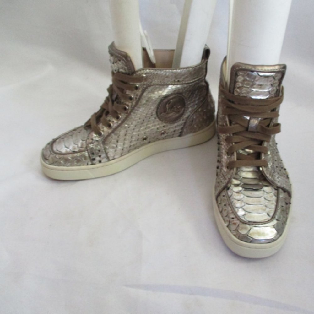 Christian Louboutin Silver Metallic Snakeskin High-Top Sneakers - Picture 2 of 9